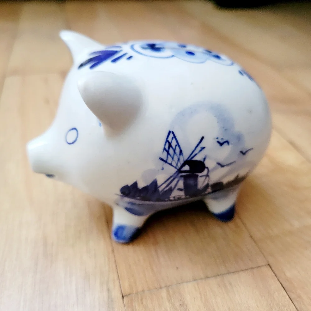 Vintage Handmade Delft Pottery Small Floral & Nautical Ship Dutch Piggy Bank